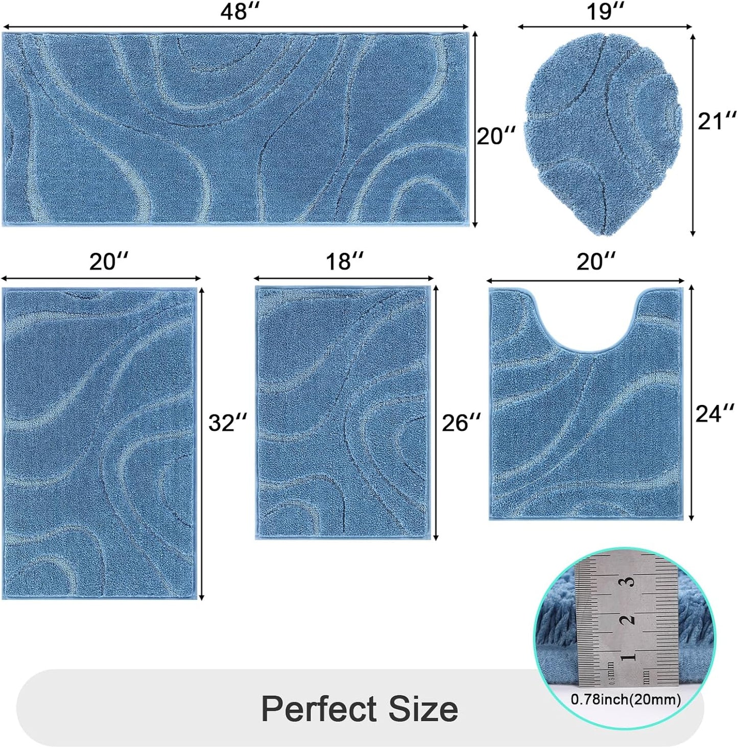 HEBE Bathroom Rugs Sets 5 Piece, Soft Absorbent Microfiber Bath Mat for Bathroom, Non Slip Washable Bath Rug Set with Toilet Cover, Bath Runner and U-Shaped Contour Toilet Rug