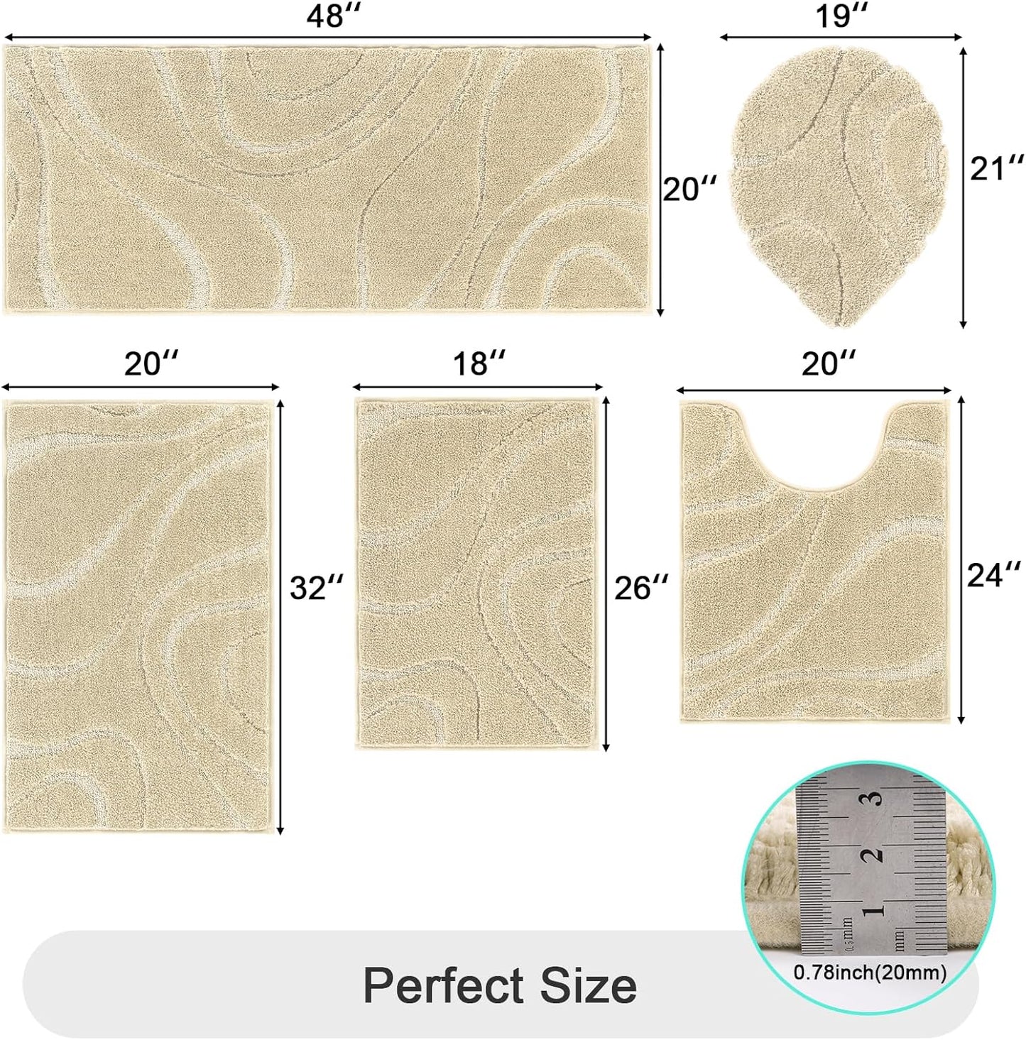 HEBE Bathroom Rugs Sets 5 Piece, Soft Absorbent Microfiber Bath Mat for Bathroom, Non Slip Washable Bath Rug Set with Toilet Cover, Bath Runner and U-Shaped Contour Toilet Rug