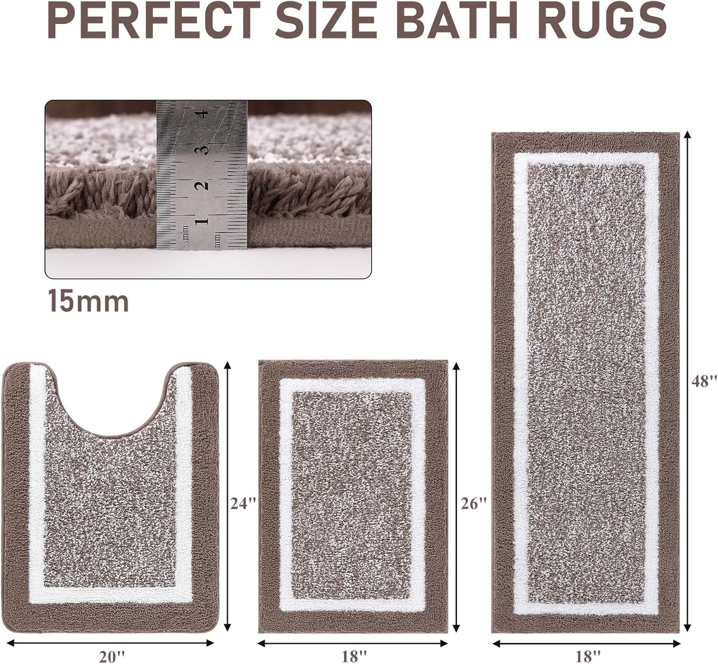 HEBE Bathroom Rug Mat Set 3 Piece, Microfiber Shaggy Bath Set, Non-Slip Ultra Soft Carpet Mats, Absorbent with U-Shaped Toilet for Bathroom, Tub, Shower