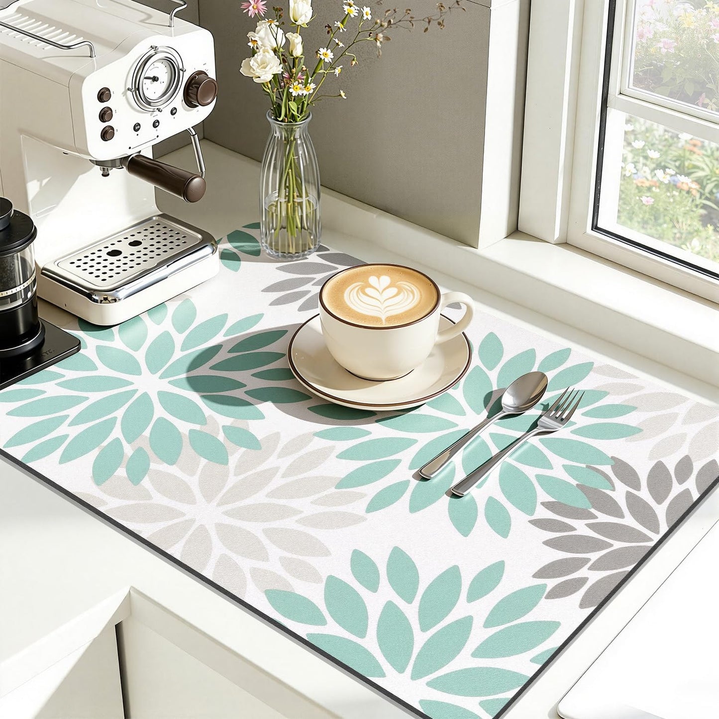 HEBE Floral Dish Drying Mat, Super Absorbent & Hide Stain Coffee Mat