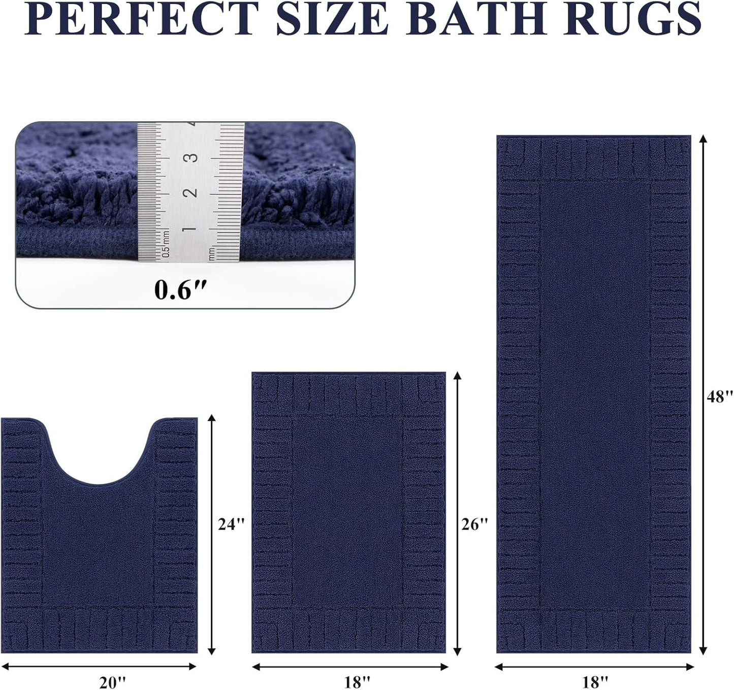 HEBE Bathroom Rugs Sets 3 Piece Bathroom Shower Rugs with U-Shaped Contour Toilet Mat Absorbent Microfiber Plush Bath Mats Non Slip Bath Rugs Machine Washable Shaggy Bath Mat Set