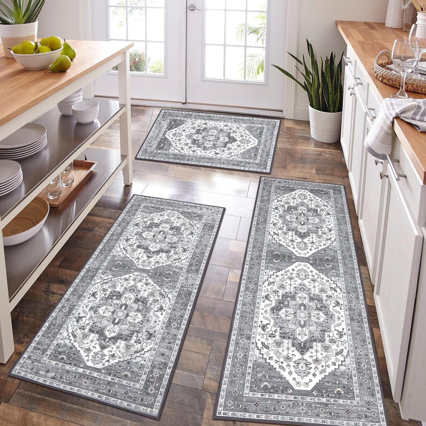HEBE Boho Kitchen Rug Sets 3 Piece with Runner Non Slip Kitchen Rugs