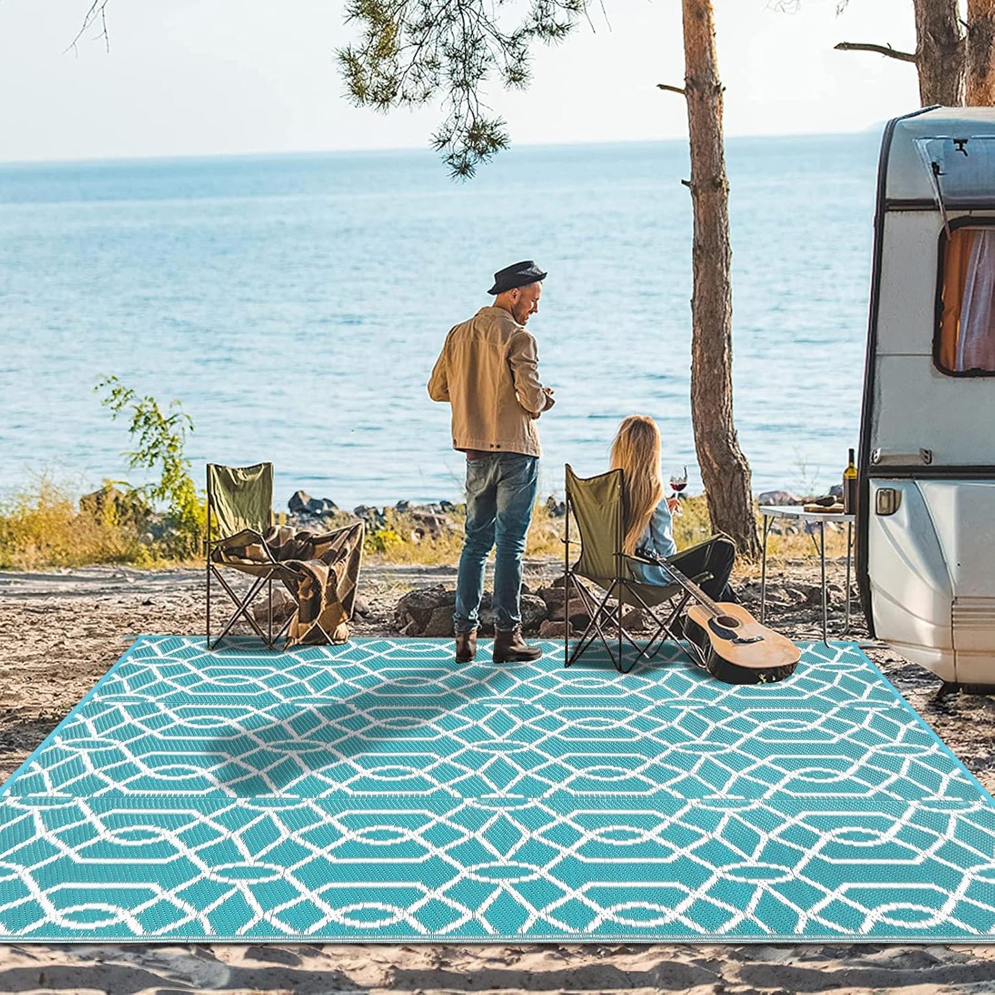 HEBE Waterproof Reversible Outdoor Rug for RV Camping Porch Deck Balcony Backyard Picnic