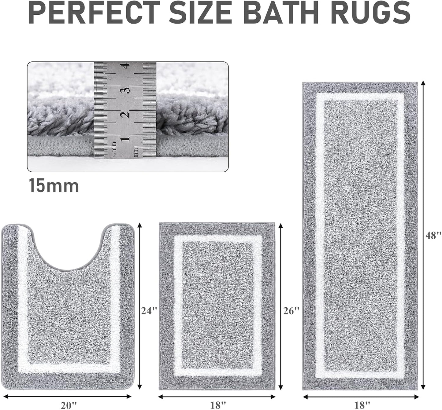 HEBE Bathroom Rug Mat Set 3 Piece, Microfiber Shaggy Bath Set, Non-Slip Ultra Soft Carpet Mats, Absorbent with U-Shaped Toilet for Bathroom, Tub, Shower