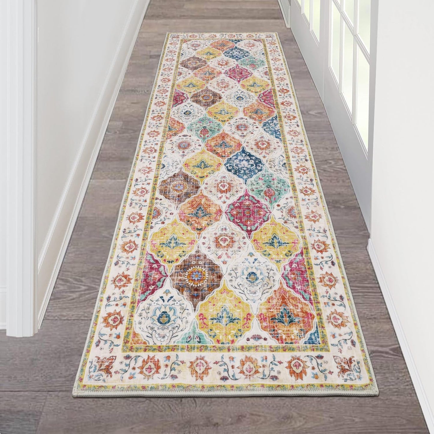 HEBE Hallway Runner Rug Washable Vintage Distressed Area Rugs Non Slip Laundry Rug Runner Boho Floor Carpet Runners for Hallways Entryway Laundry Room Kitchen Bathroom