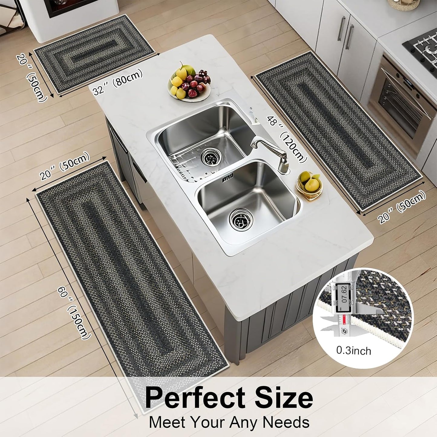 HEBE Boho Kitchen Rugs Sets 3 Piece with Runner Non Slip Kitchen Mats for Floor Washable Bohemian Runner Rug Set of 3 ﻿