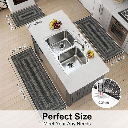 HEBE Boho Kitchen Rugs Sets 3 Piece with Runner Non Slip Kitchen Mats for Floor Washable Bohemian Runner Rug Set of 3 ﻿