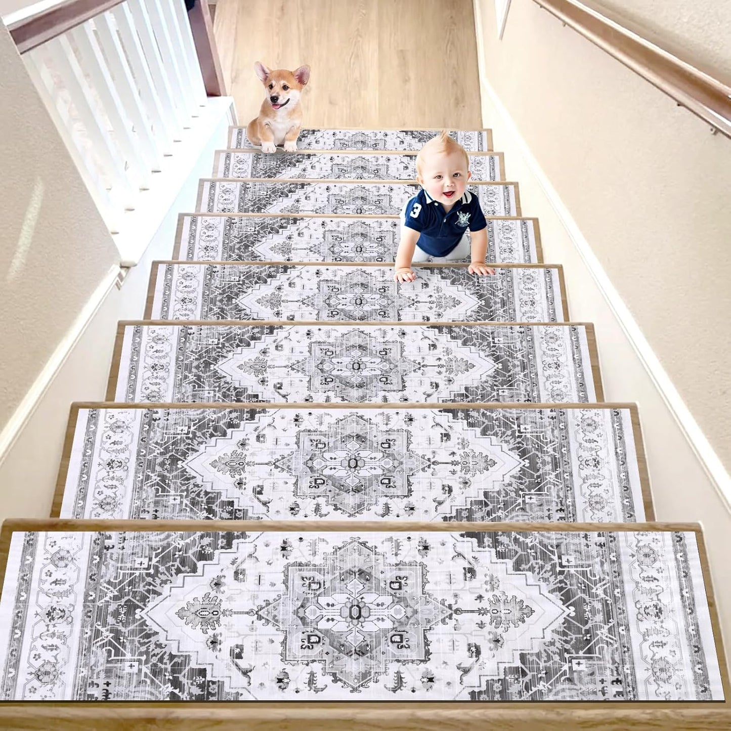 HEBE Carpet Stair Treads for Wooden Steps Indoor Rubber Staircase Step Treads Non Slip Stair Runner Mats for Dogs and Kids Stairway Grip Step Treads Carpet