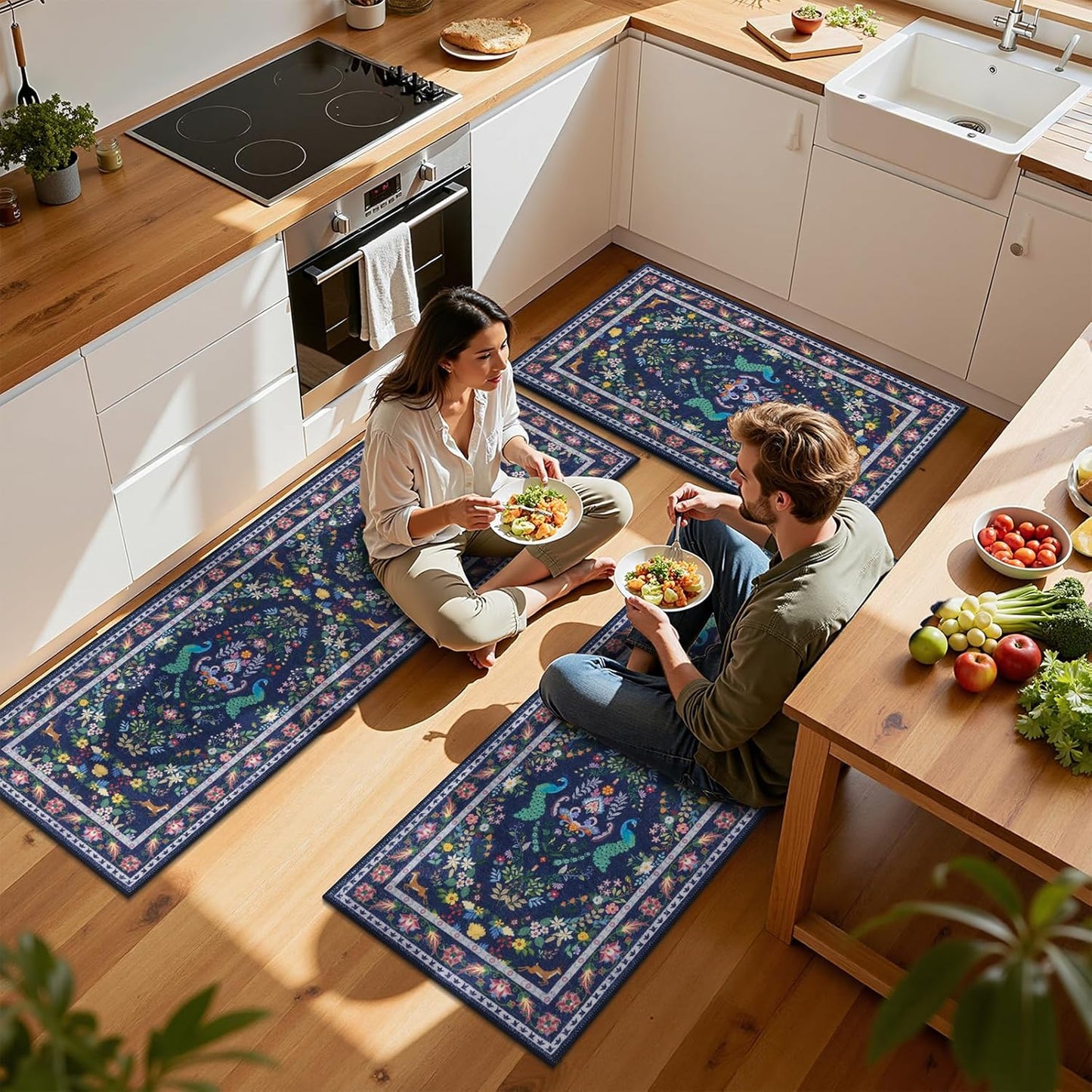 HEBE Machine Washable Non-Slip Kitchen Mat Farmhouse Kitchen Rugs Sets of 3 (20"x32"+20"x48"+20"x59")