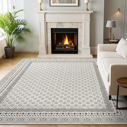 HEBE Living Room Rugs Soft Low Pile Non Slip Washable Area Rug Floor Mat for Bedroom Dining Room, Moroccan Geometric Bordered Rug