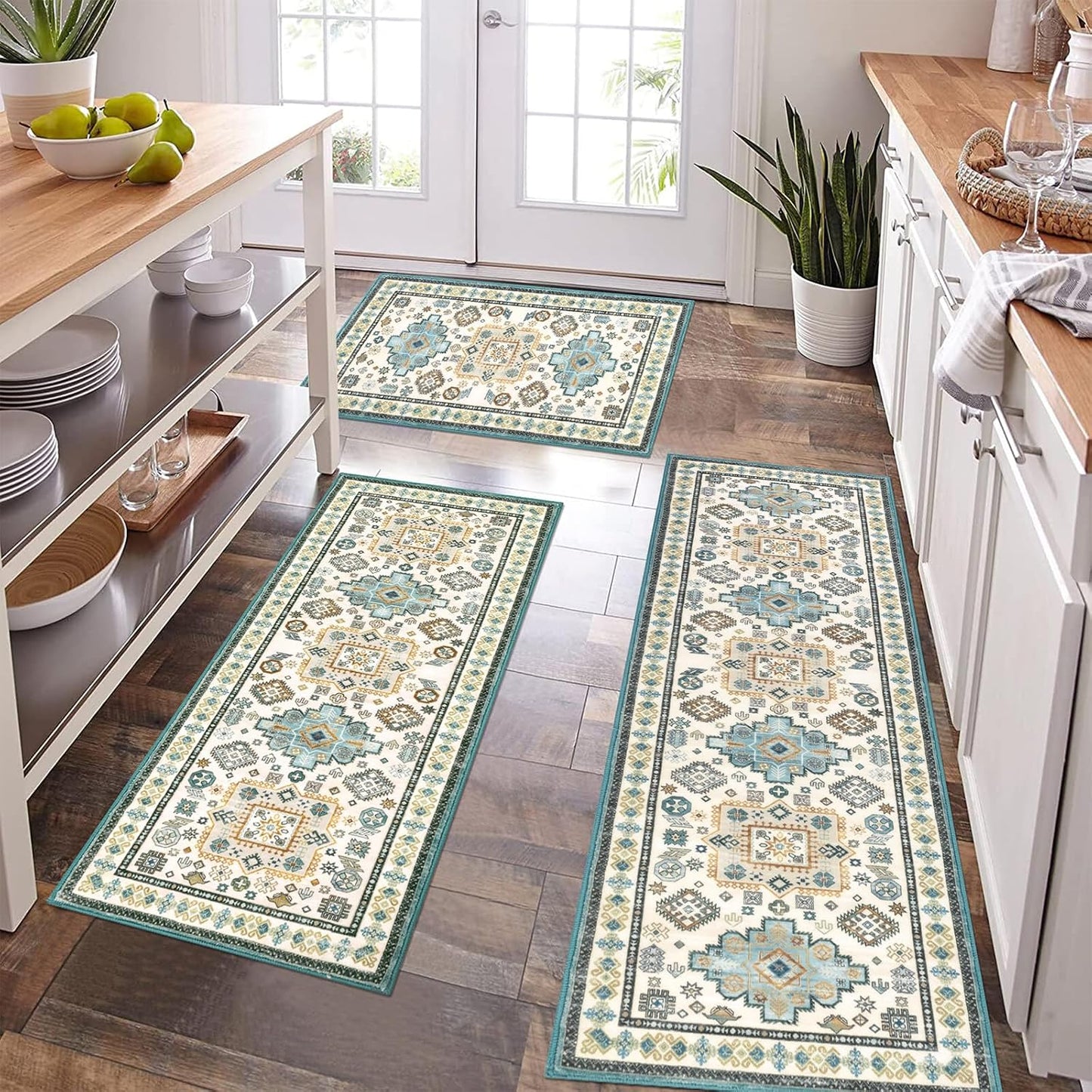 HEBE Farmhouse Kitchen Rugs Sets of 3, Kitchen Runner Rugs Non Slip Washable
