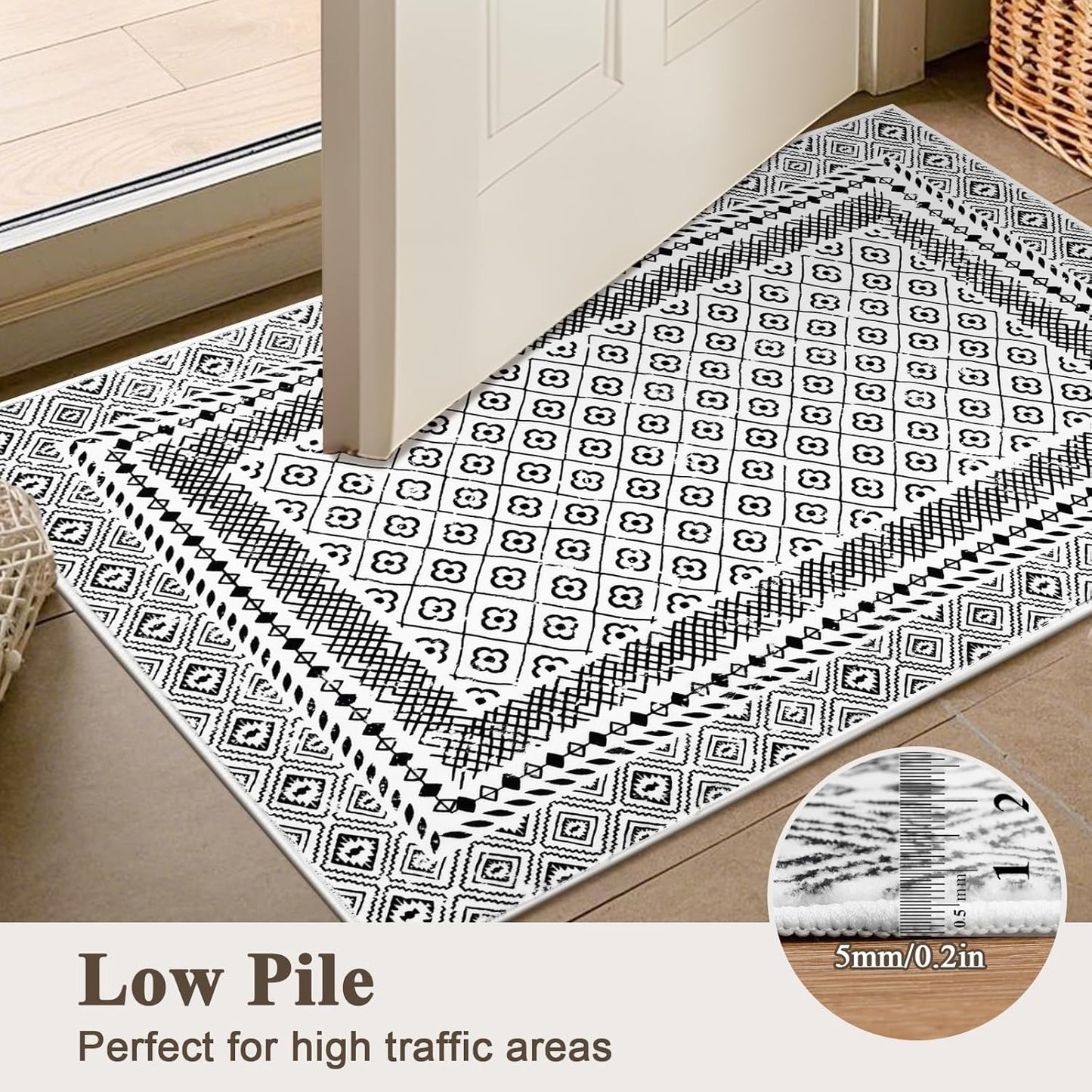 HEBE Living Room Rugs Soft Low Pile Non Slip Washable Area Rug Floor Mat for Bedroom Dining Room, Moroccan Geometric Bordered Rug