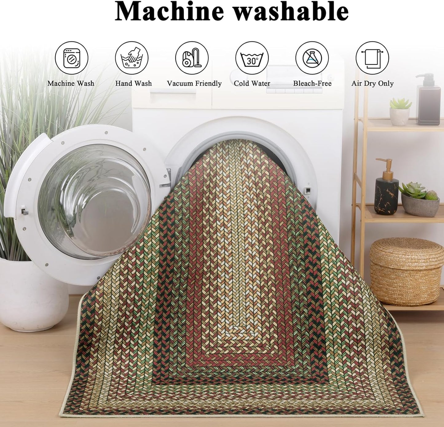 HEBE Faux Braided Area Rug Washable Farmhouse, No-Shed Non-Slip Woven Carpet, Pet Friendly Stain Resistant Jute Style Rug for Kitchen Bedroom Bathroom Entryway
