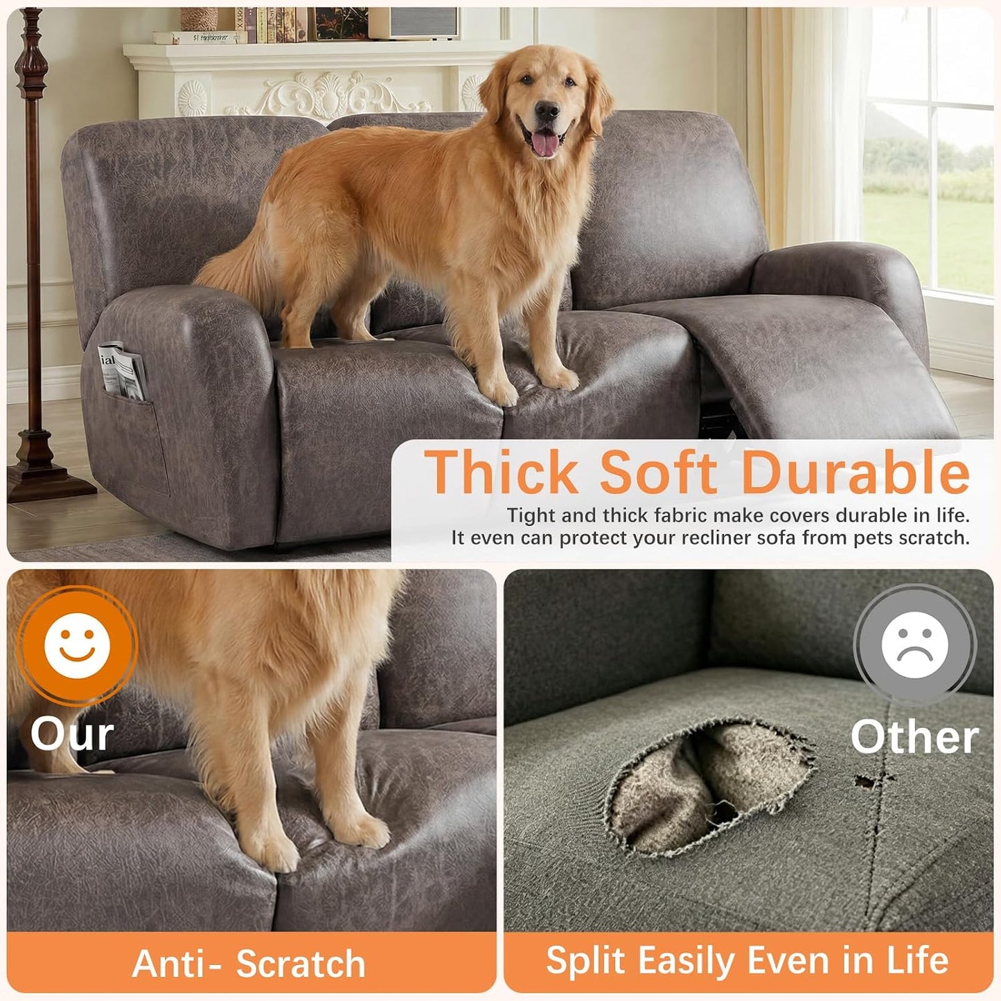 HEBE Recliner Couch Covers Washable Waterproof, Oversized Leather Like Stretch Recliner Sofa Slipcovers, Reclining Chair Cover Protector Stay in Place for Kids Pets