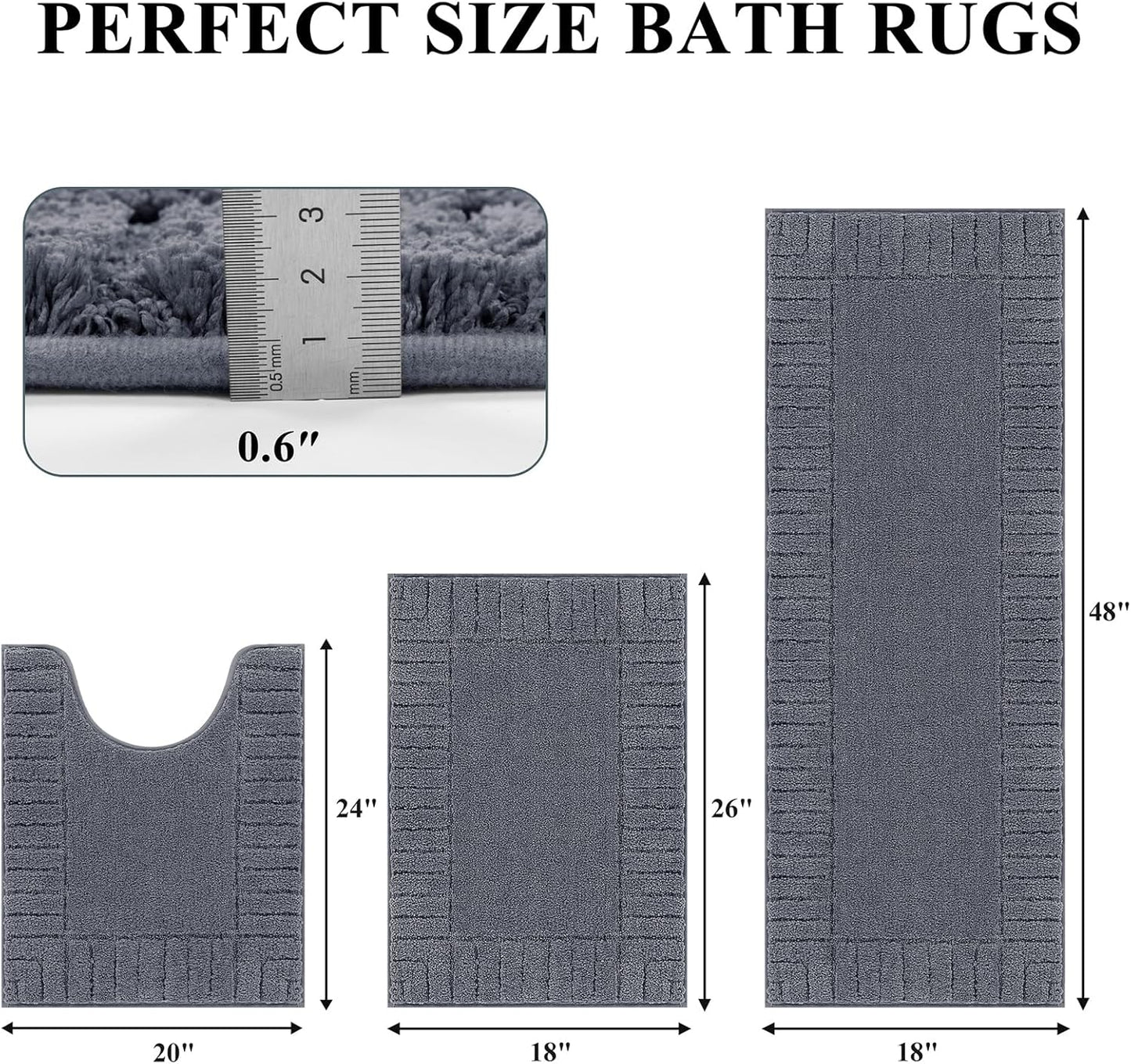 HEBE Bathroom Rugs Sets 3 Piece Bathroom Shower Rugs with U-Shaped Contour Toilet Mat Absorbent Microfiber Plush Bath Mats Non Slip Bath Rugs Machine Washable Shaggy Bath Mat Set