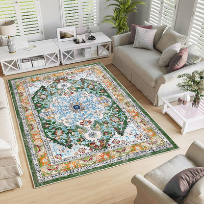 HEBE Boho Vintage Area Rug 5x7 Machine Washable Low Pile Soft Floor Carpet Non Slip Non Shedding Accent Rug for Living Room Bedroom Entryway Dining Room Office Green