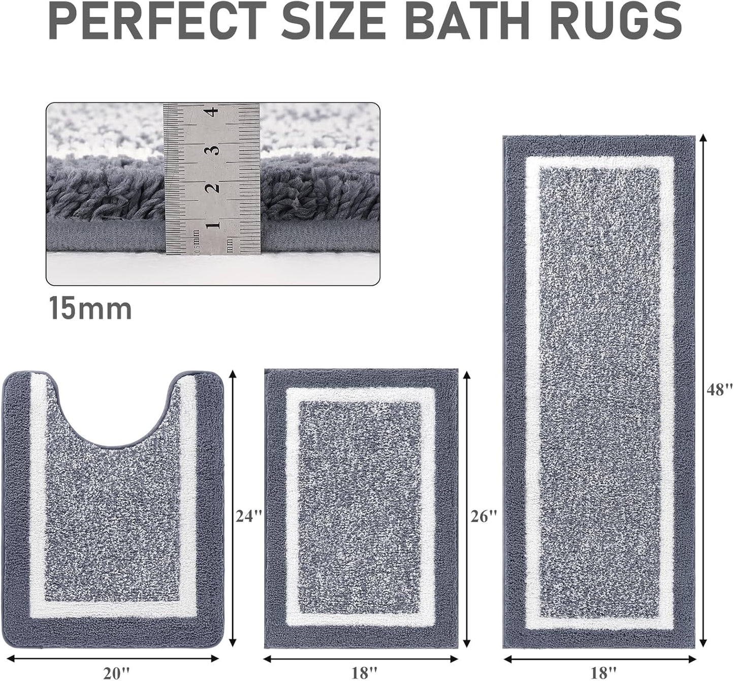 HEBE Bathroom Rug Mat Set 3 Piece, Microfiber Shaggy Bath Set, Non-Slip Ultra Soft Carpet Mats, Absorbent with U-Shaped Toilet for Bathroom, Tub, Shower