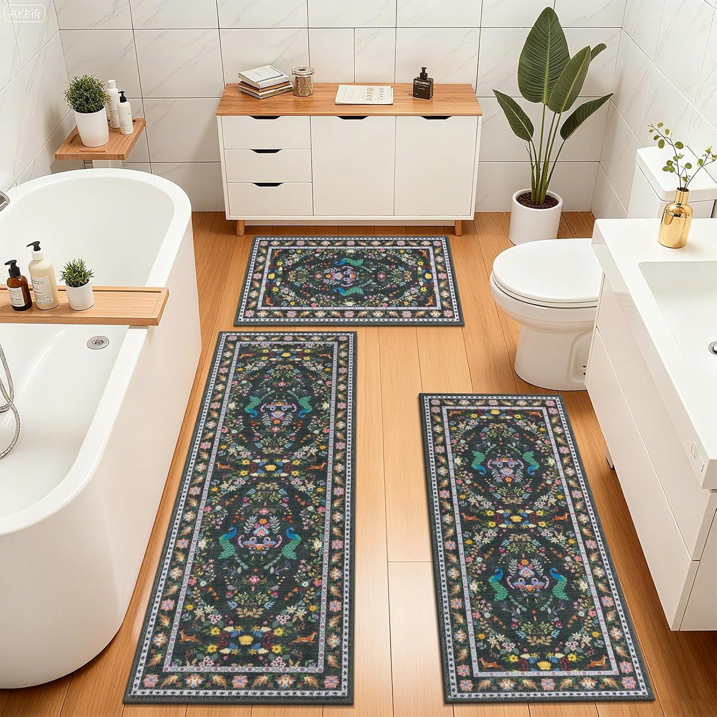 HEBE Machine Washable Non-Slip Kitchen Mat Farmhouse Kitchen Rugs Sets of 3 (20"x32"+20"x48"+20"x59")