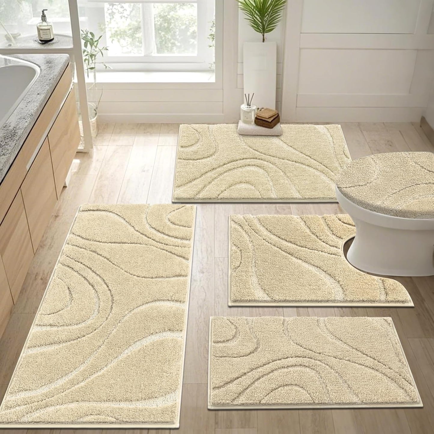 HEBE Bathroom Rugs Sets 5 Piece, Soft Absorbent Microfiber Bath Mat for Bathroom, Non Slip Washable Bath Rug Set with Toilet Cover, Bath Runner and U-Shaped Contour Toilet Rug