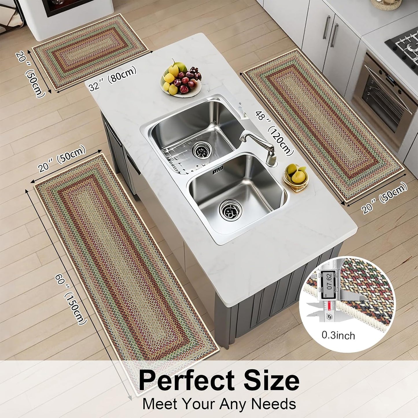 HEBE Boho Kitchen Rugs Sets 3 Piece with Runner Non Slip Kitchen Mats for Floor Washable Bohemian Runner Rug Set of 3 ﻿