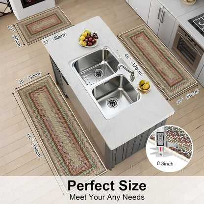HEBE Boho Kitchen Rugs Sets 3 Piece with Runner Non Slip Kitchen Mats for Floor Washable Bohemian Runner Rug Set of 3 ﻿