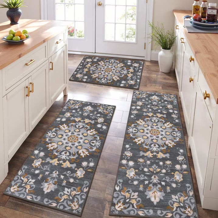 HEBE 3pcs Washable Kitchen Rug Set,Non-Slip Floral Boho Kitchen Mats Kitchen Runner Rug Floor Carpet 20"x32"+20"x48"+20"x59"