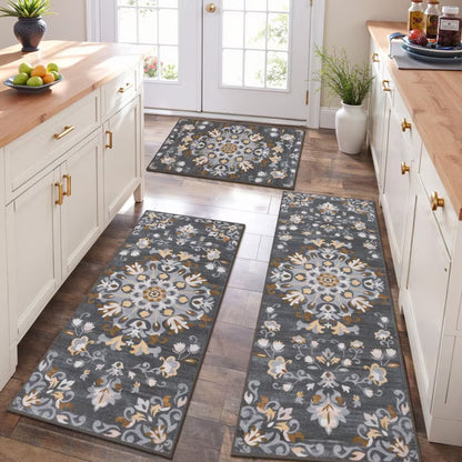 HEBE 3pcs Washable Kitchen Rug Set,Non-Slip Floral Boho Kitchen Mats Kitchen Runner Rug Floor Carpet 20"x32"+20"x48"+20"x59"