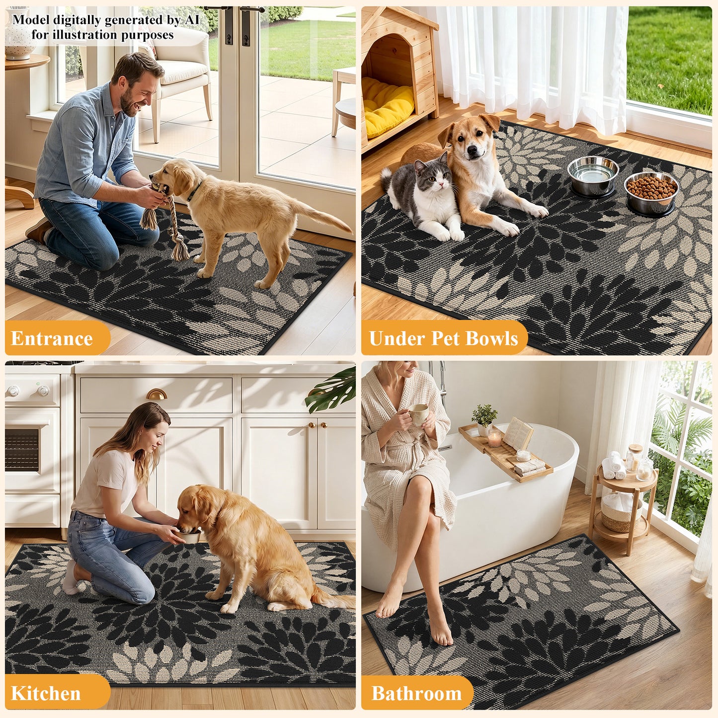 HEBE Indoor Door Mat, Non Slip Washable Mats for Front Door Entrance, Low Profile Dirt Trapper Doormat Entry Carpet for Entryway, Kitchen, Bathroom