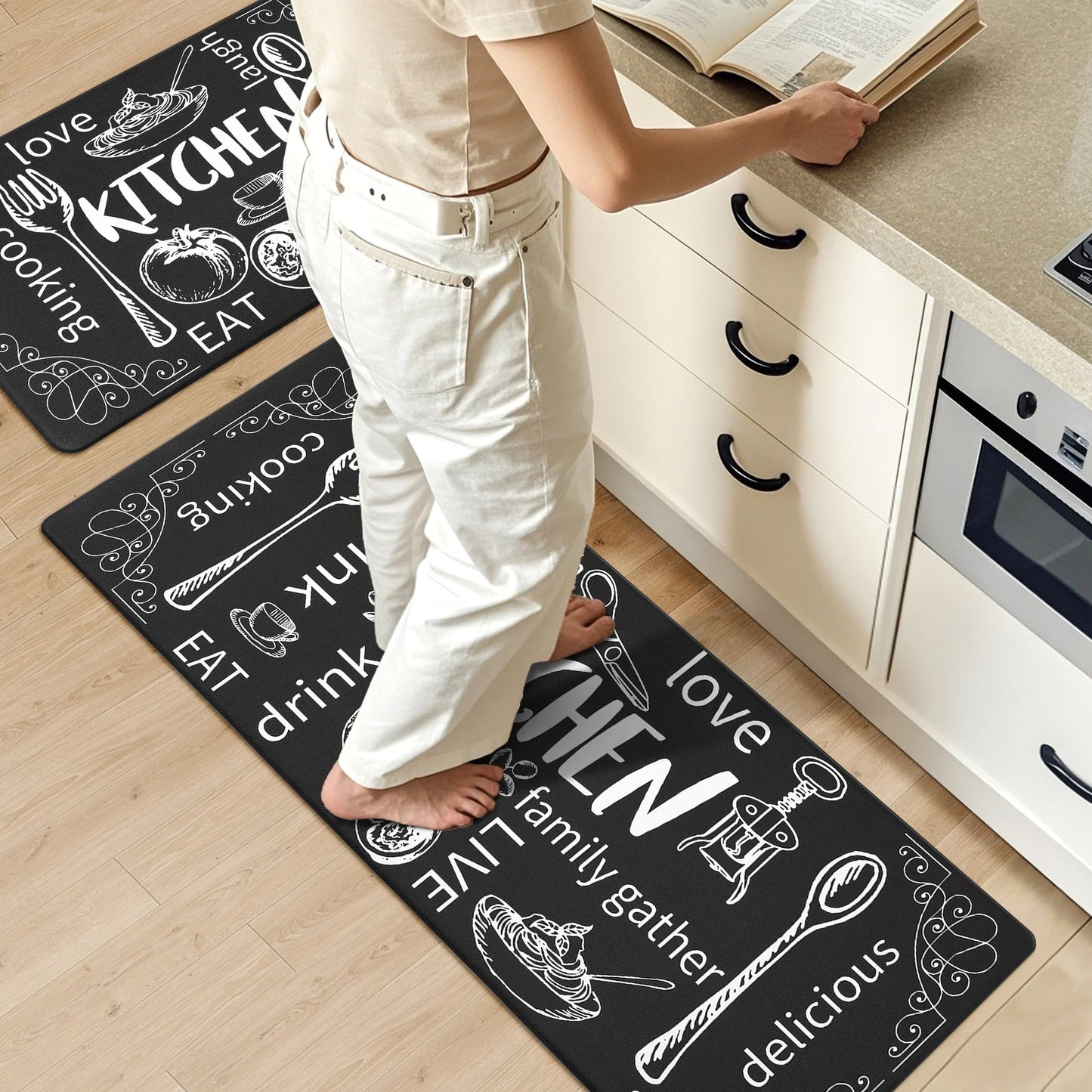 HEBE Farmhouse Kitchen Rug Set of 2, Non-Slip Anti-Fatigue Waterproof Cushioned Mat for Kitchen, Dining & Laundry Room, 18"x30"+18"x48"