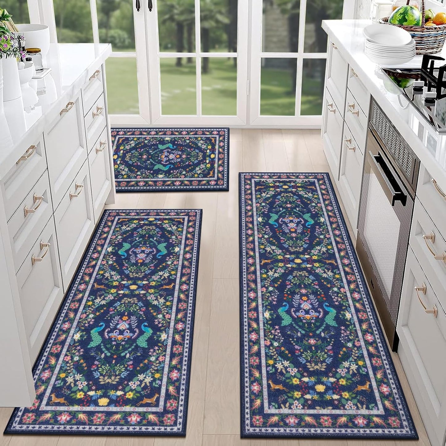 HEBE Machine Washable Non-Slip Kitchen Mat Farmhouse Kitchen Rugs Sets of 3 (20"x32"+20"x48"+20"x59")
