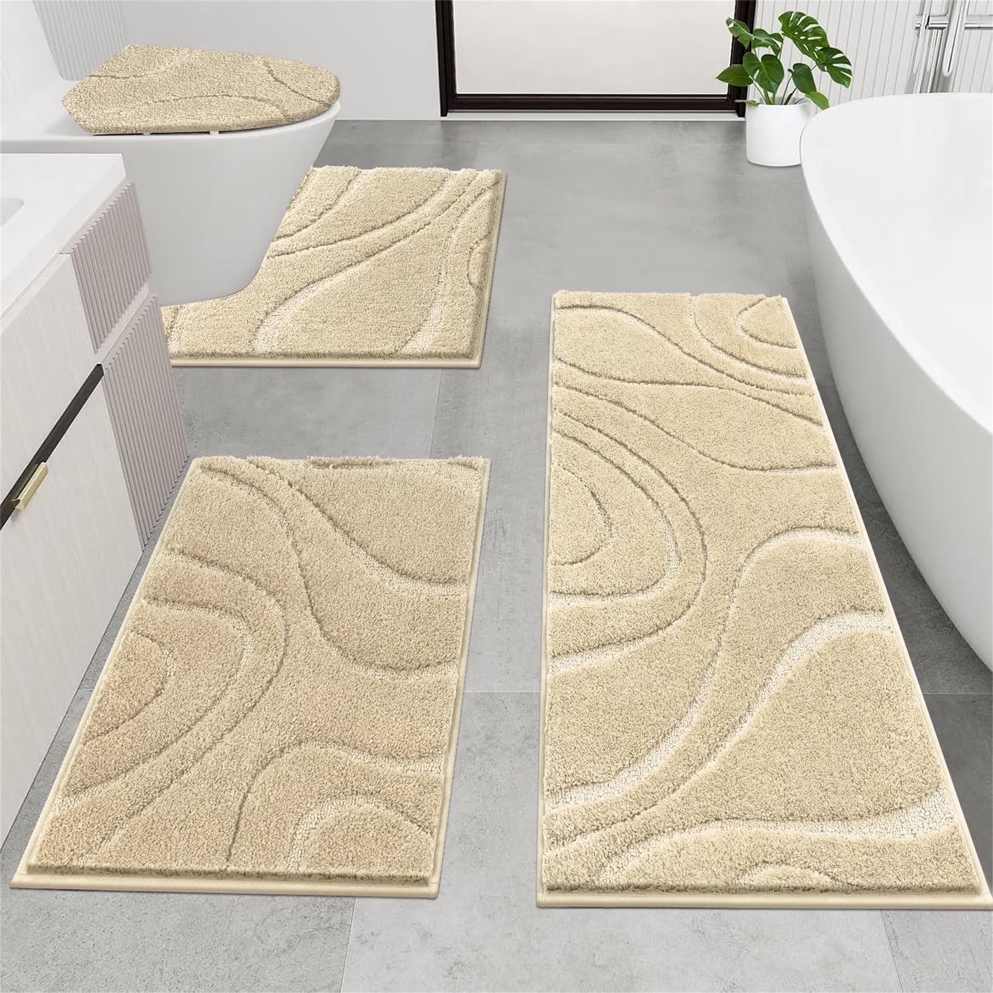 HEBE Bathroom Rugs Sets 4 Piece, Super Soft and Absorbent Non Slip Microfiber Toilet Bathroom Mats
