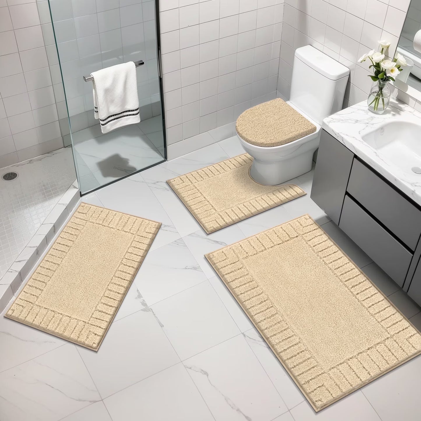 HEBE Bathroom Rugs Set of 4 Piece, Bath Mats, Microfiber Non Slip Shaggy Ultra Soft Bathroom Runner with U Shaped Contour Toilet Mat for Bathroom, Shower Inside Floor, Beige