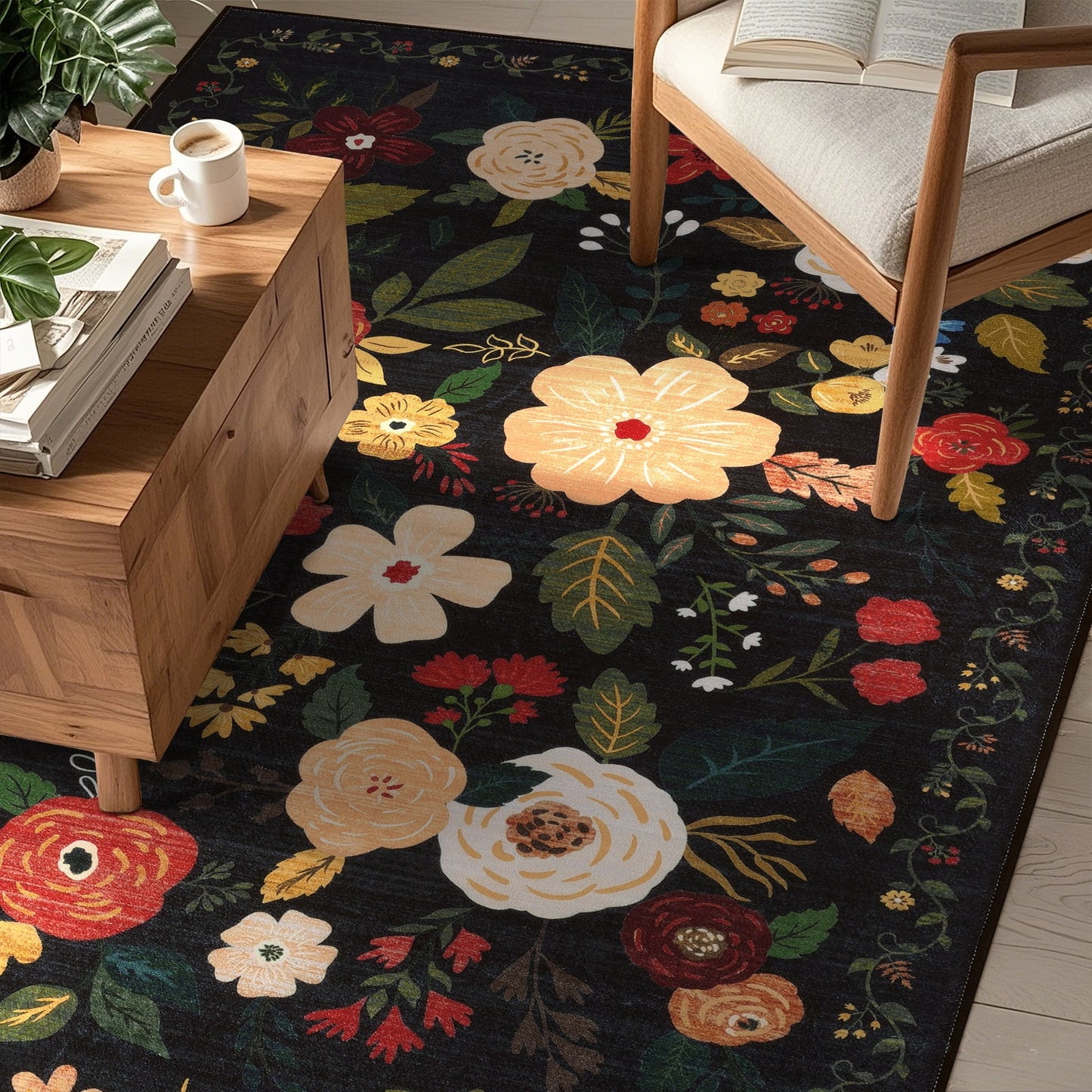 HEBE 5x7 ft Living Room Area Rug Machine Washable Boho Area Rug Non Slip Floral Vintage Low Pile Large Rug for Living Room, Bedroom, Farmhouse, Dining Room, Kids Playroom