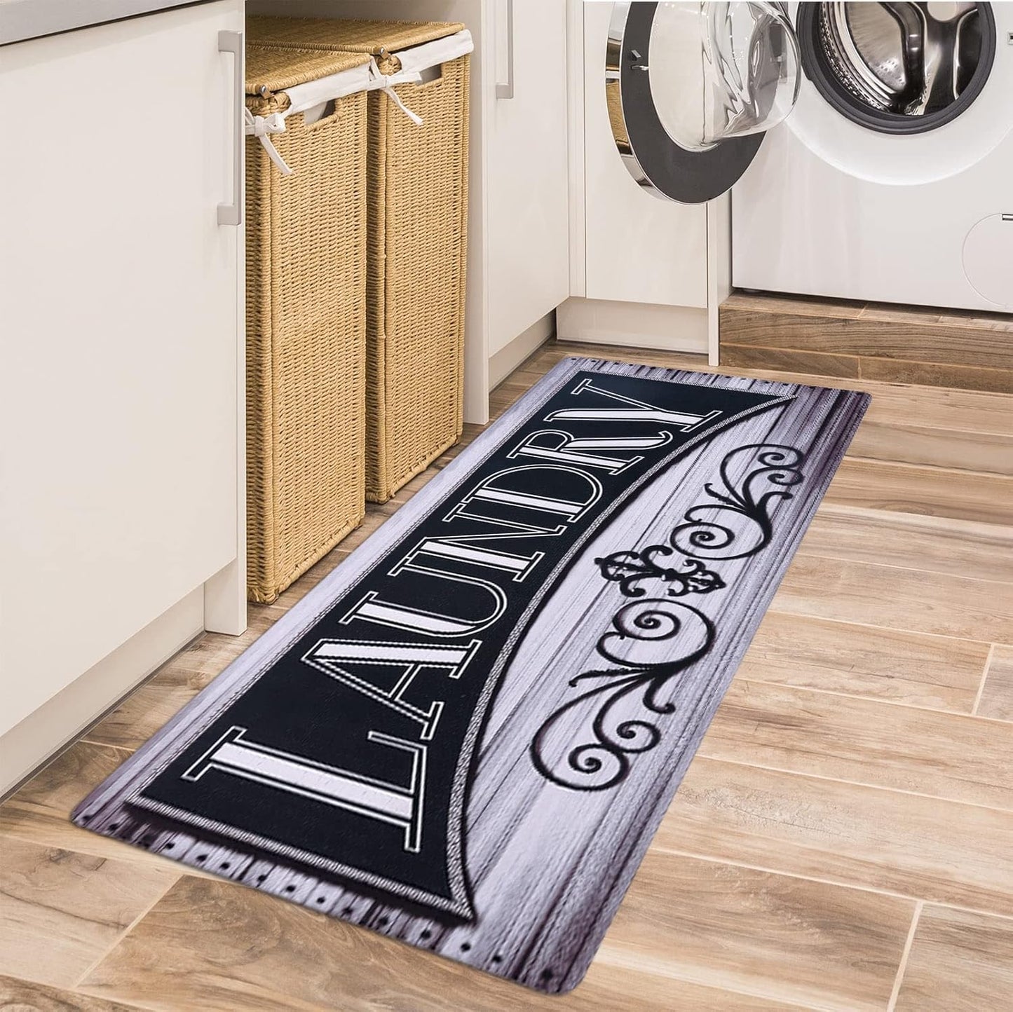 Laundry Room Rug Runner Non-Slip Runner Rug with Rubber Backing Waterproof Stain-Resistant Laundry Rug Farmhouse Laundry Mat Laundry Rugs and Mats (20" x 48", Black & Grayish-White)