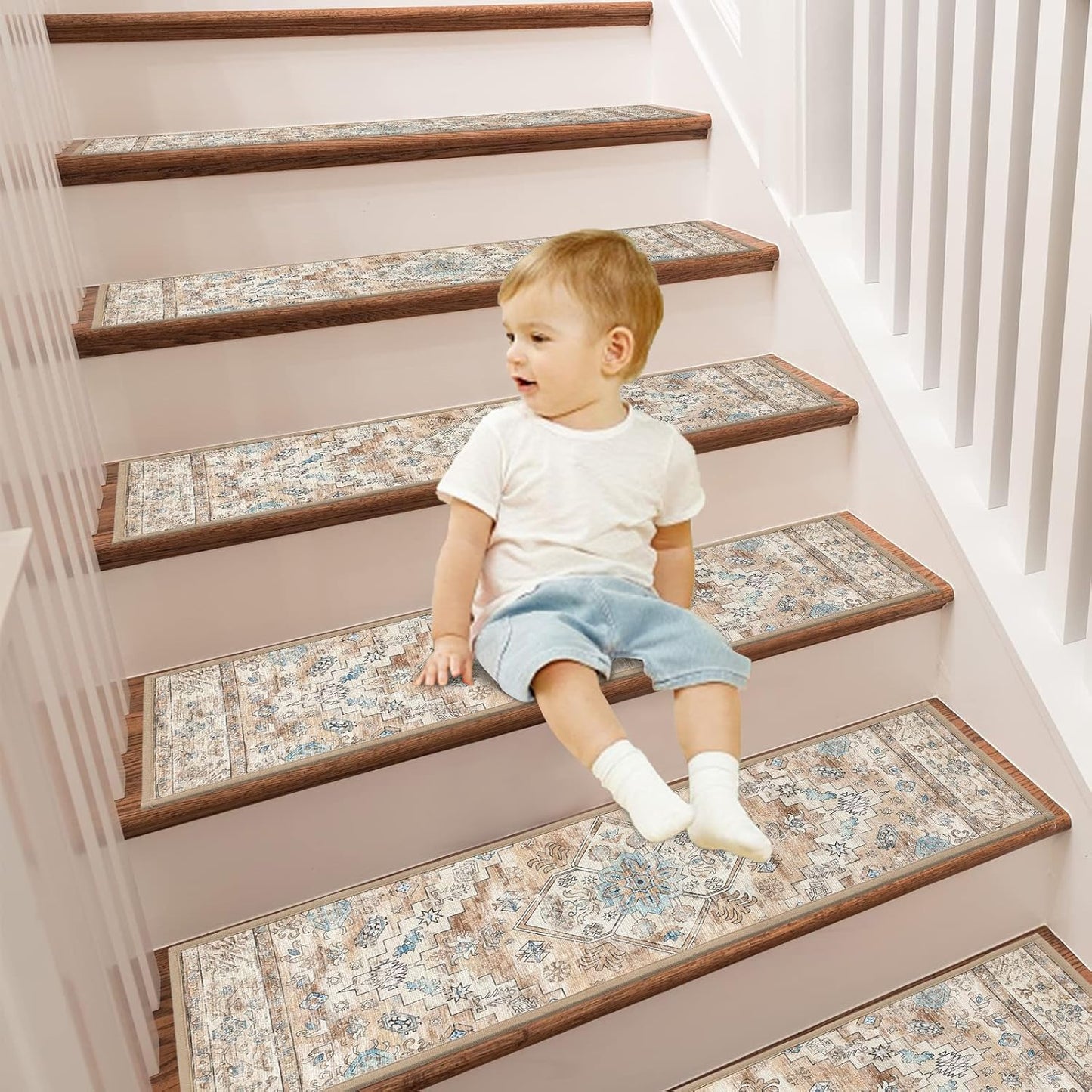 Carpet Stair Treads for Wooden Steps Indoor 8" X 30" Peel and Stick Stair Treads Non Slip Staircase Step Treads Reusable Stair Runner Rugs for Dogs, Kids and Elders, Cream Tan