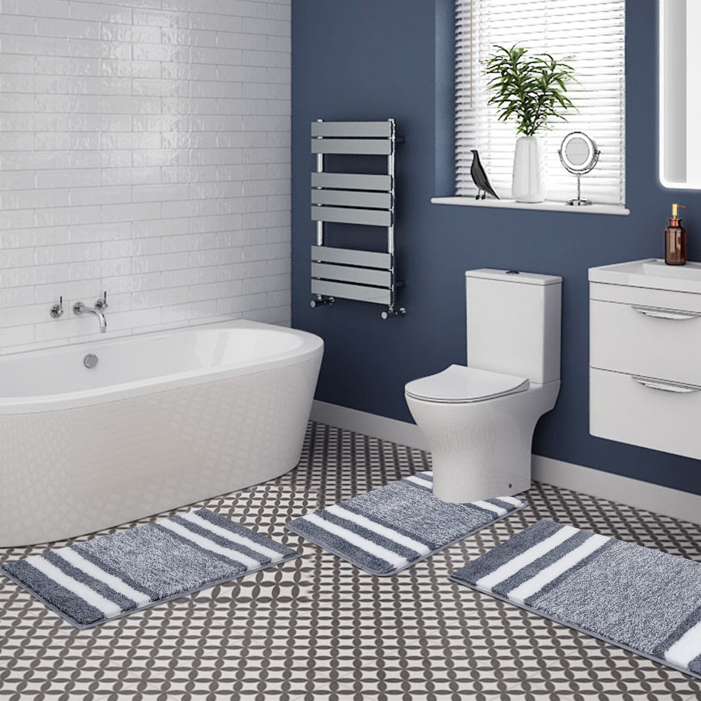 HEBE Bathroom Rugs Sets 3 Piece Bathroom Shower Rugs with U-Shaped Contour Toilet Mat Absorbent Microfiber Plush Bath Mats Non Slip Bath Rugs Machine Washable Shaggy Bath Mat Set, Dark Grey