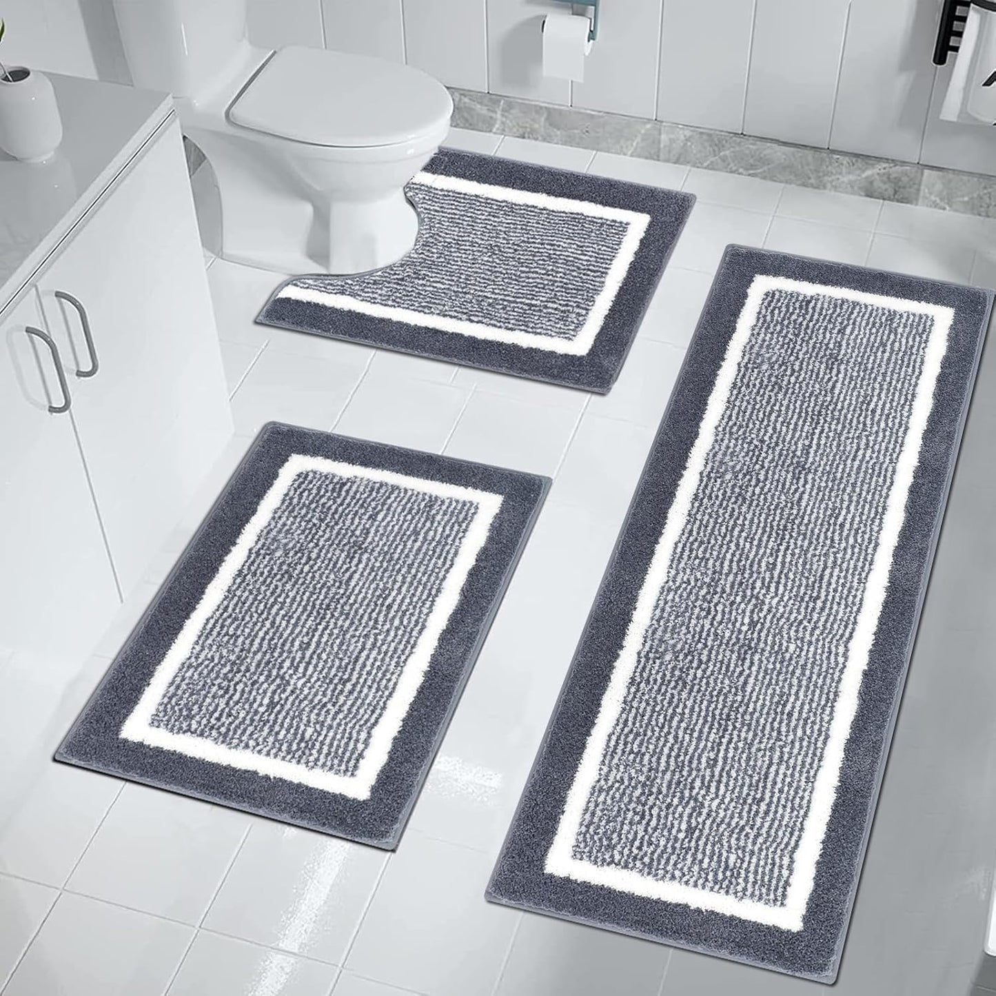 Bathroom Rug Set 3 Piece Non Slip Absorbent Bath Mats Set Microfiber Soft Bathroom Mat Plush Shaggy Bath Rugs Includes U-Shaped Toilet Mat for Bath Floor, Shower