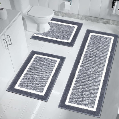 Bathroom Rug Set 3 Piece Non Slip Absorbent Bath Mats Set Microfiber Soft Bathroom Mat Plush Shaggy Bath Rugs Includes U-Shaped Toilet Mat for Bath Floor, Shower