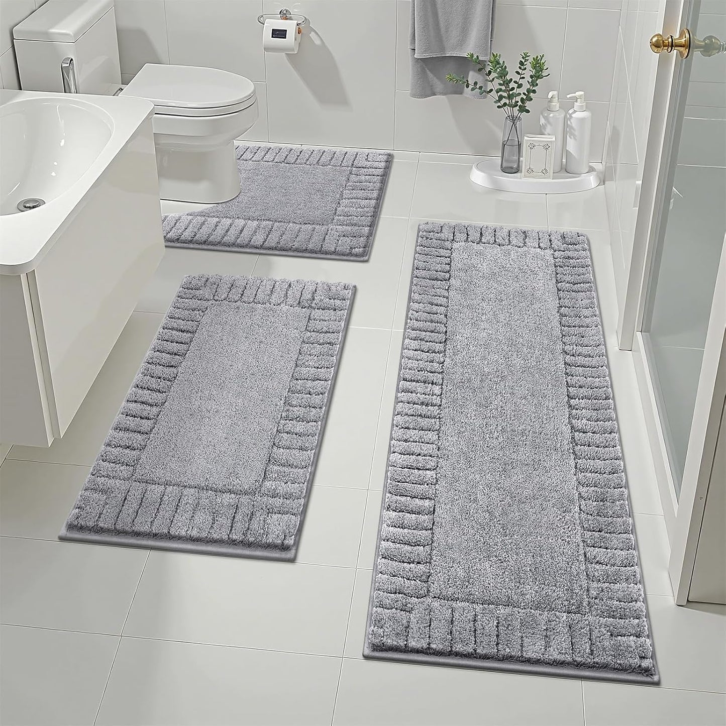 HEBE Bathroom Rugs Sets 3 Piece Bathroom Shower Rugs with U-Shaped Contour Toilet Mat Absorbent Microfiber Plush Bath Mats Non Slip Bath Rugs Machine Washable Shaggy Bath Mat Set