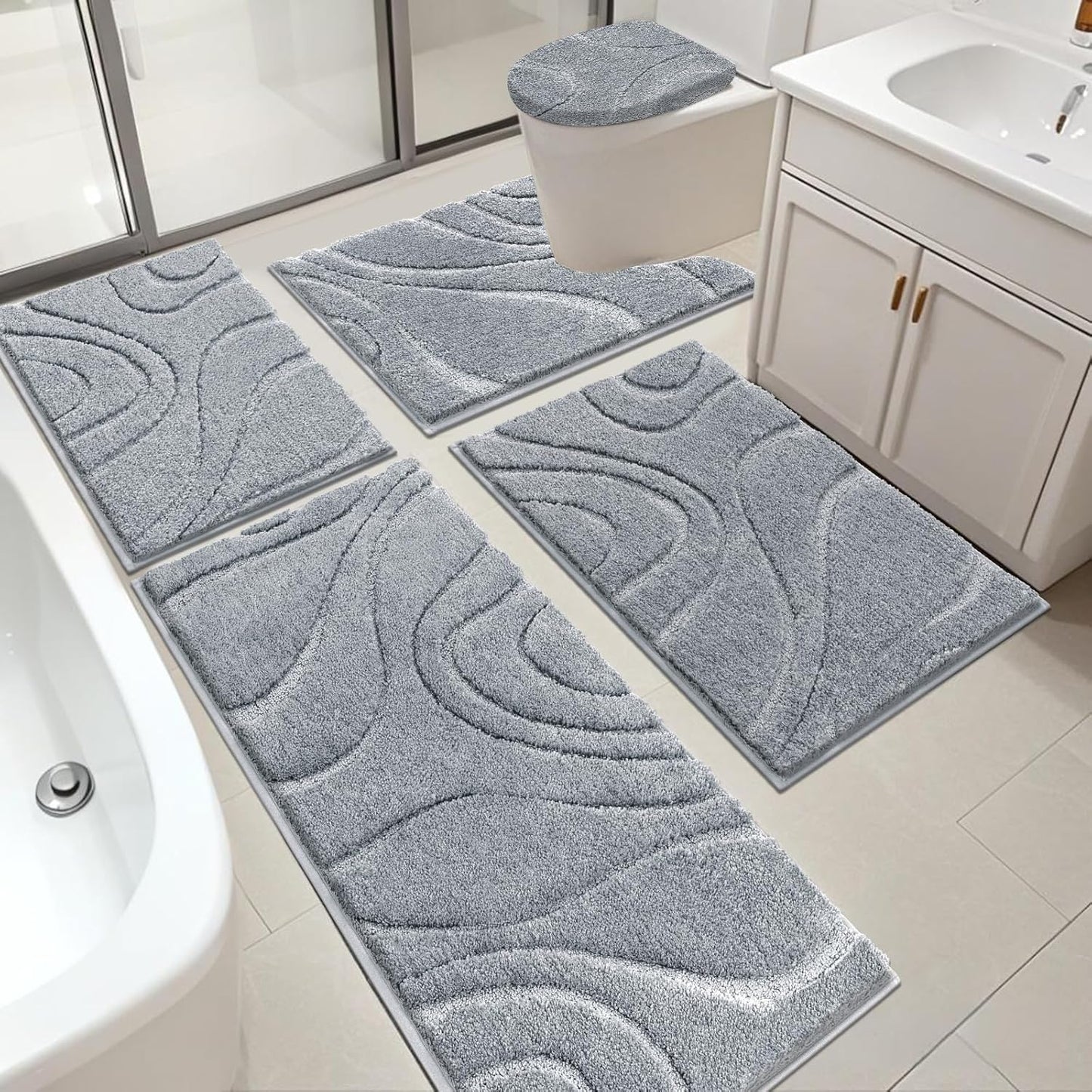 HEBE Bathroom Rugs Sets 5 Piece, Soft Absorbent Microfiber Bath Mat for Bathroom, Non Slip Washable Bath Rug Set with Toilet Cover, Bath Runner and U-Shaped Contour Toilet Rug