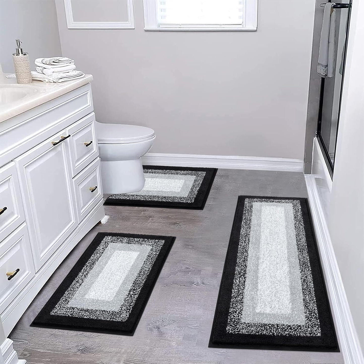 HEBE Microfiber Bathroom Rugs Sets 3 Piece, Non Slip Bath Rugs for Bathroom, Absorbent Plush Shaggy Bath Mat with U-Shaped Contour Toilet Mat Machine Washable