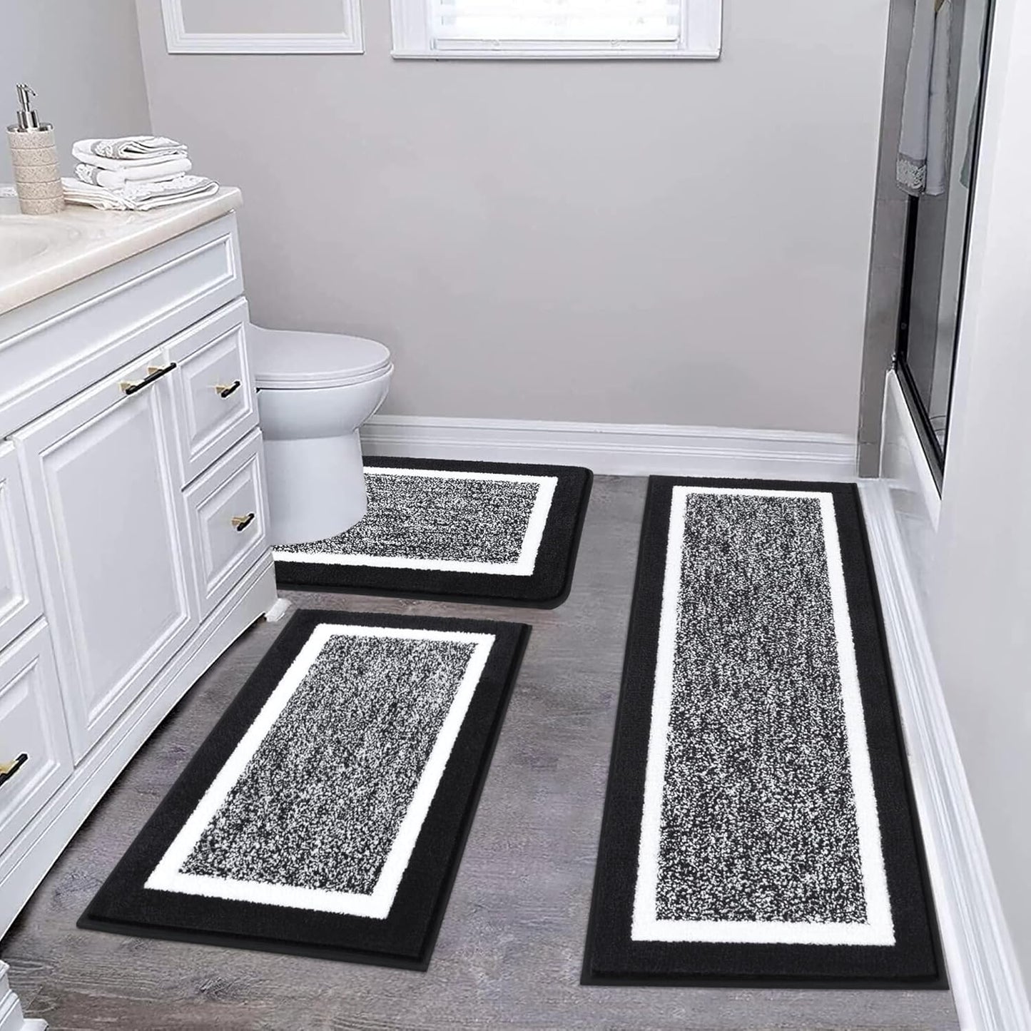 HEBE Bathroom Rug Mat Set 3 Piece, Microfiber Shaggy Bath Set, Non-Slip Ultra Soft Carpet Mats, Absorbent with U-Shaped Toilet for Bathroom, Tub, Shower