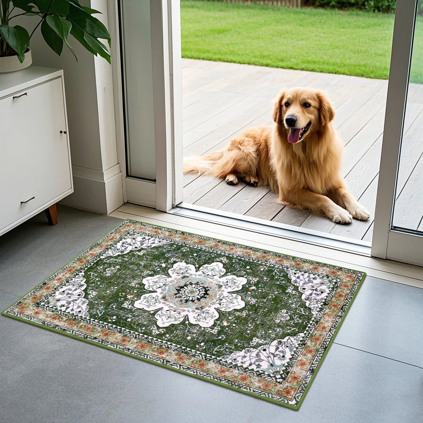 HEBE Bohemian Vintage Area Rug Machine Washable Low-Pile Accent Carpet, Non-Shedding Non-Slip Living Room Floor Throw Rugs for Bedroom,Dining Room,Kids Playroom,Rv,Office(Green)