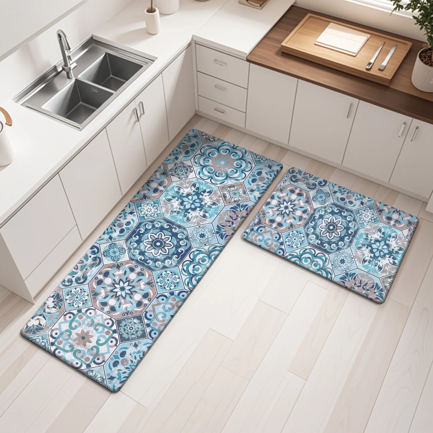 HEBE Boho Kitchen Rug Set of 2, Non-Slip Anti-Fatigue Waterproof Cushioned Mat for Kitchen, Dining & Laundry Room, 18"x30"+18"x48"