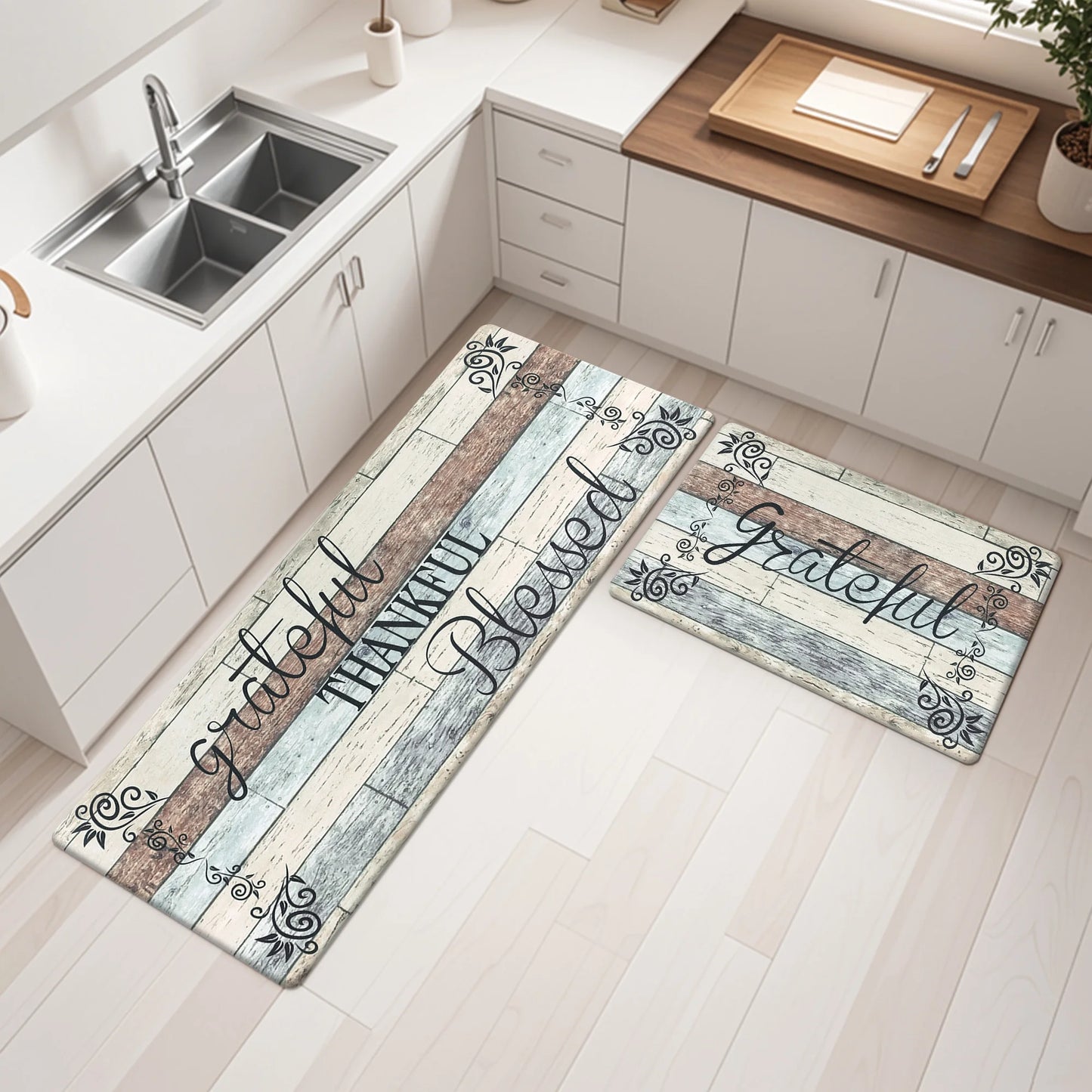 HEBE Farmhouse Kitchen Rug Set of 2, Non-Slip Anti-Fatigue Waterproof Cushioned Mat for Kitchen, Dining & Laundry Room, 18"x30"+18"x48"