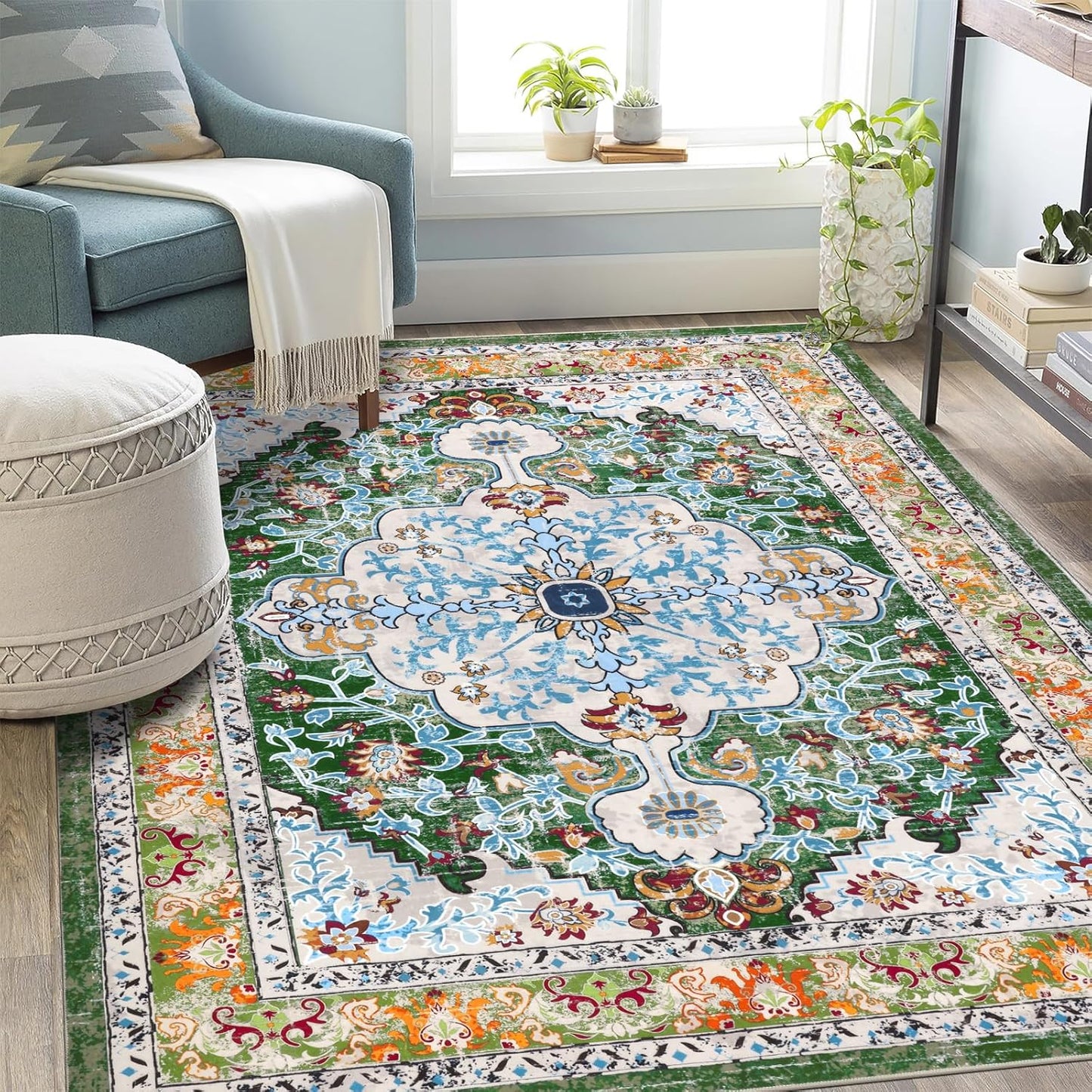 HEBE Boho Vintage Area Rug 5x7 Machine Washable Low Pile Soft Floor Carpet Non Slip Non Shedding Accent Rug for Living Room Bedroom Entryway Dining Room Office Green