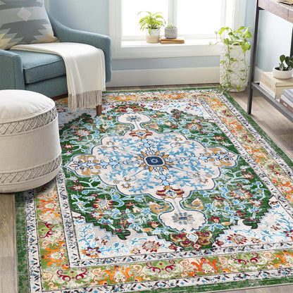 HEBE Boho Vintage Area Rug 5x7 Machine Washable Low Pile Soft Floor Carpet Non Slip Non Shedding Accent Rug for Living Room Bedroom Entryway Dining Room Office Green
