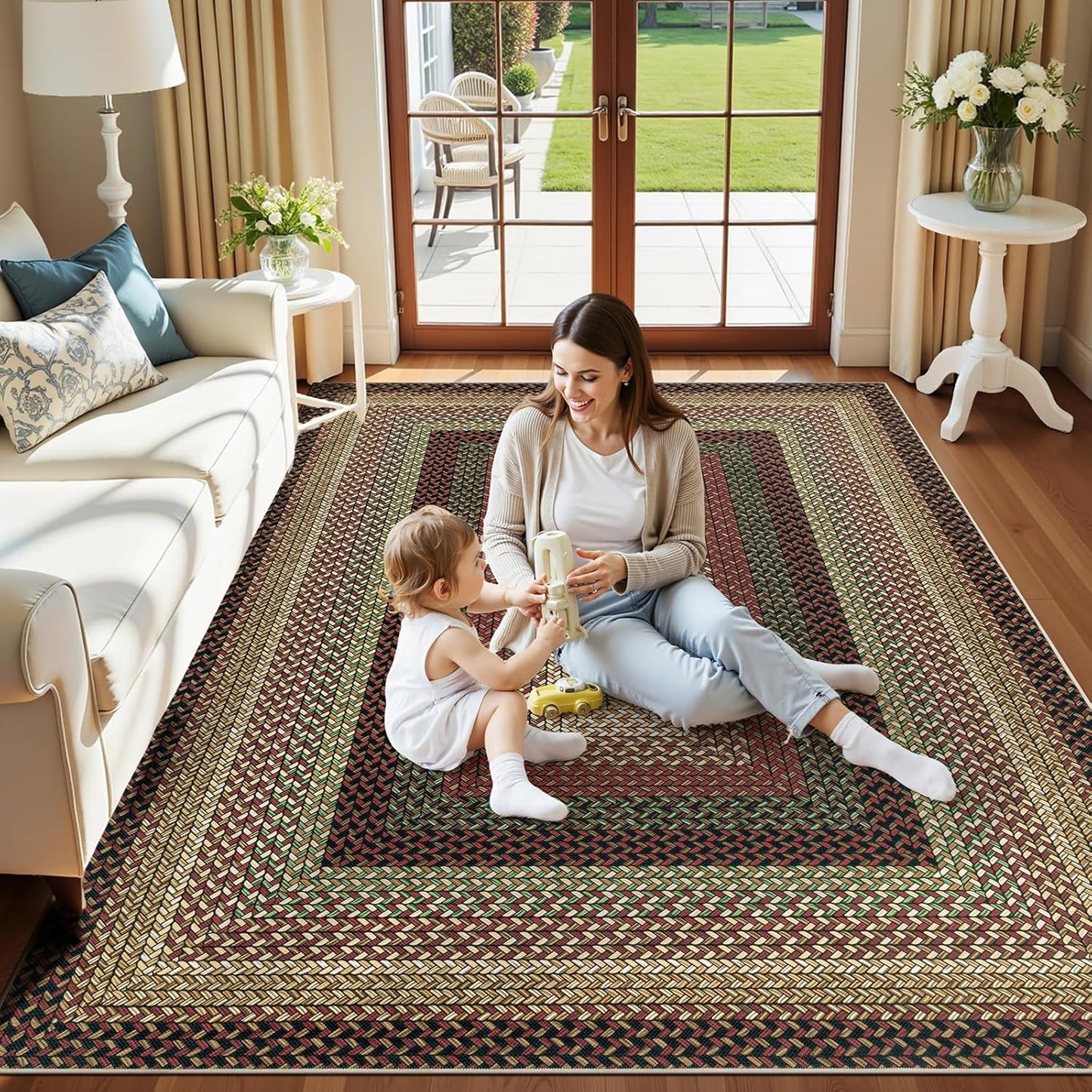HEBE Faux Braided Area Rug Washable Farmhouse, No-Shed Non-Slip Woven Carpet, Pet Friendly Stain Resistant Jute Style Rug for Kitchen Bedroom Bathroom Entryway