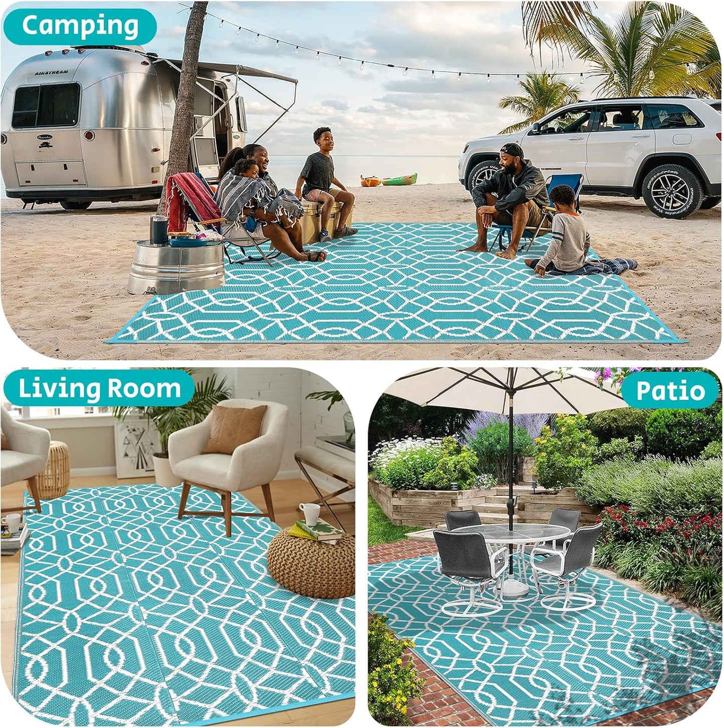 HEBE Waterproof Reversible Outdoor Rug for RV Camping Porch Deck Balcony Backyard Picnic