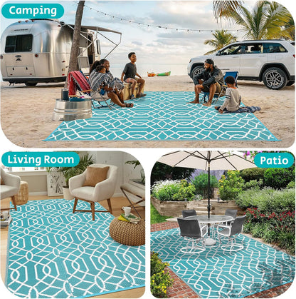 HEBE Waterproof Reversible Outdoor Rug for RV Camping Porch Deck Balcony Backyard Picnic
